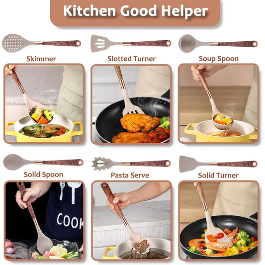 LMETJMA Juego de utensilios de cocina de silicona, 10 Uds., utensilio de cocina con soporte para utensilios, asas de patrón de madera, utensilios de cocina antiadherentes JT264
