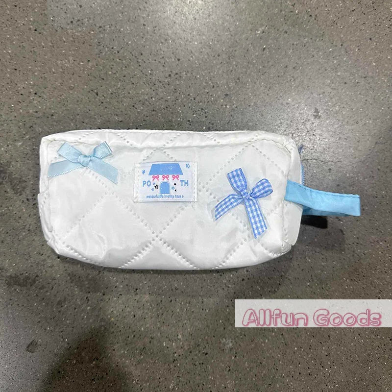 Bolsa de lápices con lazo azul y blanco, bolsa de papelería de gran capacidad, bolsa de almacenamiento de viaje, bolsas de cosméticos para mujer, estuche de lápices con diseño bonito para niñas