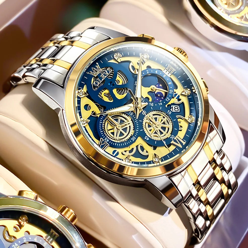 Relojes OLEVS para hombre, marca superior, reloj de cuarzo Original resistente al agua de lujo para hombre, estilo esqueleto dorado, 24 horas de día y noche, nuevo