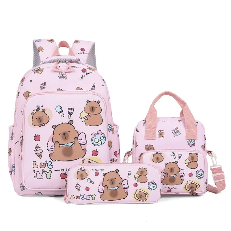 Mochila colorida Capybara 3 unids/set para mujer, mochilas escolares informales con bolsa de almuerzo, mochila para chica, niño, estudiante y adolescente
