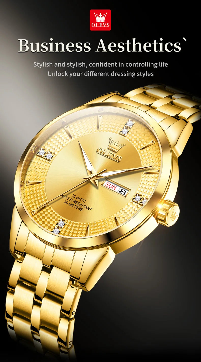 OLEVS 9917 New Mens Watch Original Quartz Watch Diamond Scale Waterproof Luminous Dual Calendar Display Mens Gifts Freebie Reloj