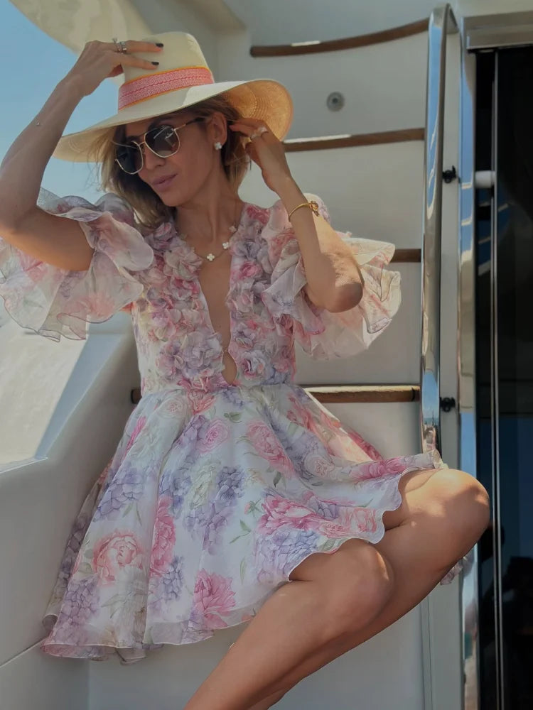 Vestido corto de gasa rosa dulce para mujer, moda con flores en 3D, manga abombada grande, cuello en V, cintura alta, línea A, Vestidos en capas, batas de señora nueva