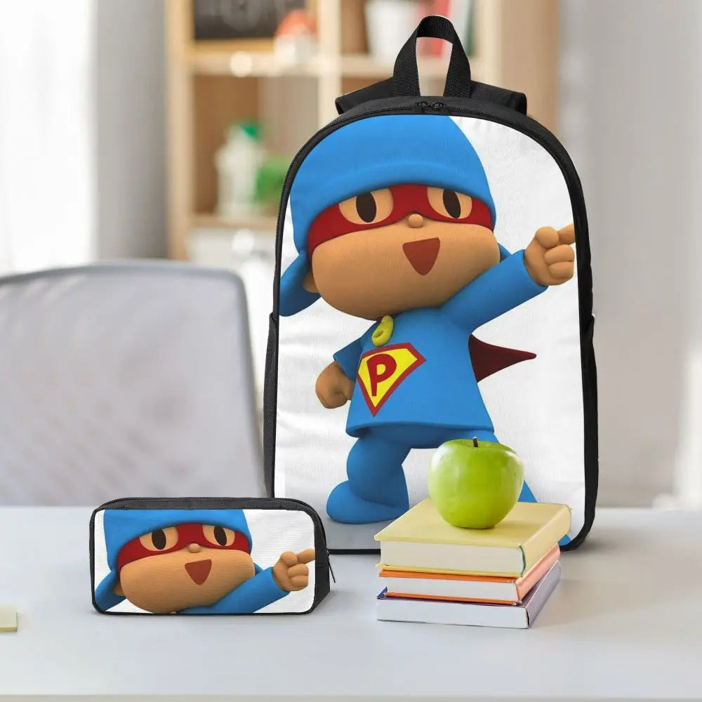 Mochila azul de dibujos animados de Pocoyo para niños, mochila escolar, bolsos de hombro para ordenador, bolsa de almuerzo aislada de 3 piezas, estuche para lápices