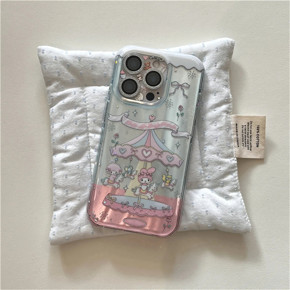 Funda de teléfono Kawaii carrusel Melody Bow para iPhone 16 Pro 15 14 Pro Max, funda con correa de cadena de mano, fundas bonitas a prueba de golpes