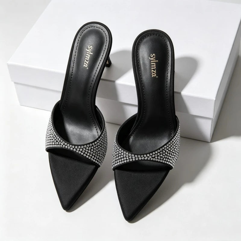 Zapatillas de tacón fino de lujo con diamantes de imitación brillantes para mujer, sandalias de marca con punta abierta, tacones sexis de diseñador para exteriores para mujer 2026