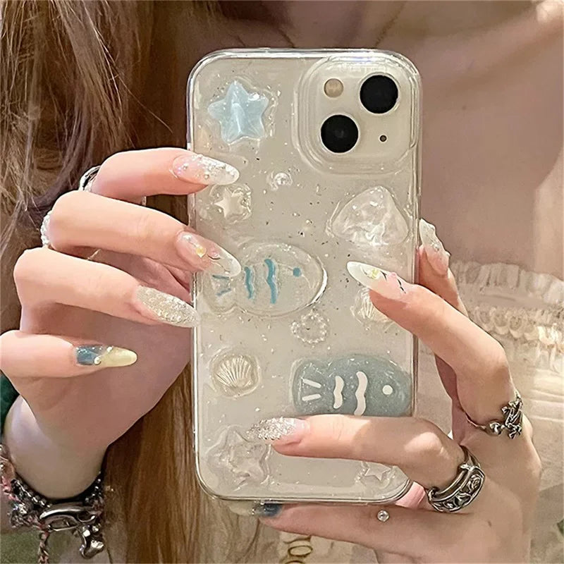 Ocean Shell Pequeño Pez Adecuado para iPhone 15 Pro Max Funda de teléfono 14 13 Pro 11 Anti Gota 12 Funda protectora