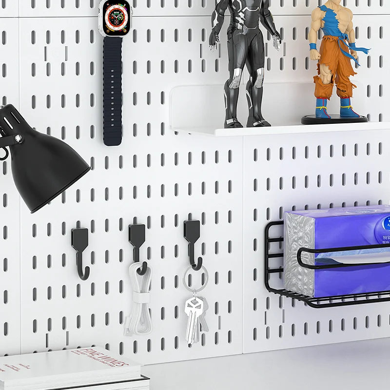 Kit organizador de pared combinado con tablero perforado DIY: paneles colgantes modulares, instalación sin perforaciones, ideal para exhibición de pared de habitaciones artesanales