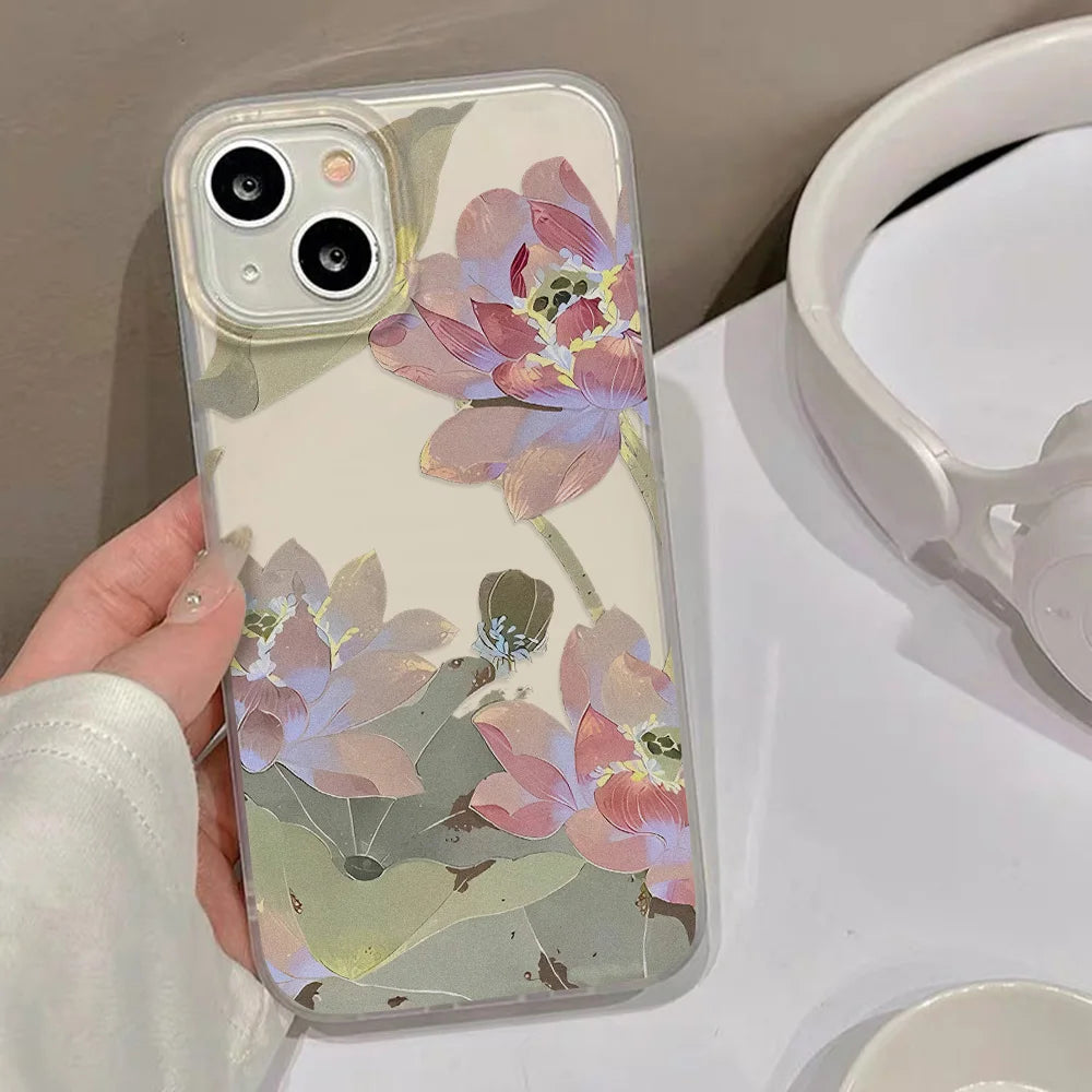 Funda de teléfono con flores para iPhone 16 Pro, funda trasera de piel sedosa delgada translúcida para iPhone 13 11 12 14 15 Pro Max 13 Mini 15 Plus