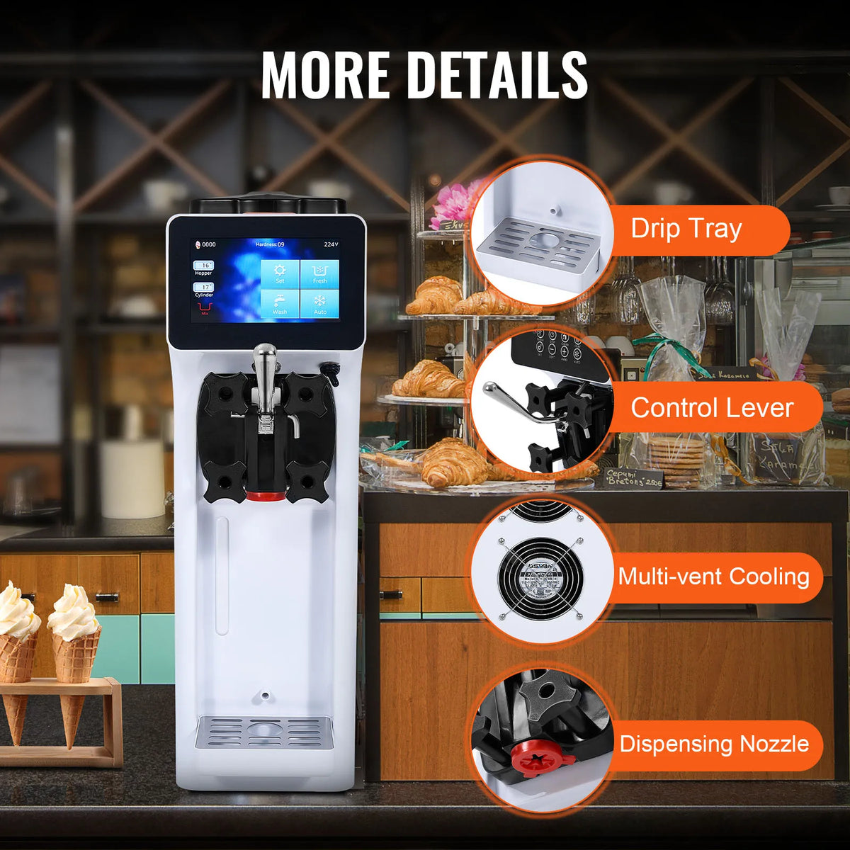 SucceBuy Máquina de Helado Comercial de 4L, de un Solo Sabor, para Mostrador, con Pantalla Táctil, Autolimpieza y Preenfriamiento