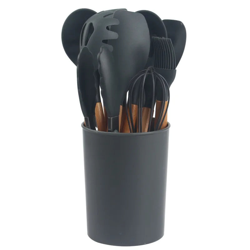 Juego de 12 utensilios de cocina de silicona con mango de madera, espátula antiadherente, cuchara para sopa y freír
