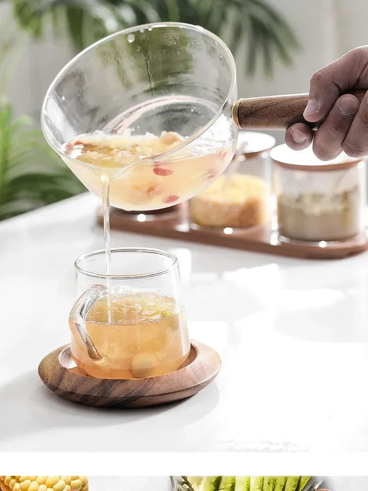 Olla de leche práctica con mango de madera y vidrio de 400/600ml, sartén para sopa, olla con mango de madera y vidrio, ollas estables de un solo mango, herramientas para cocinar