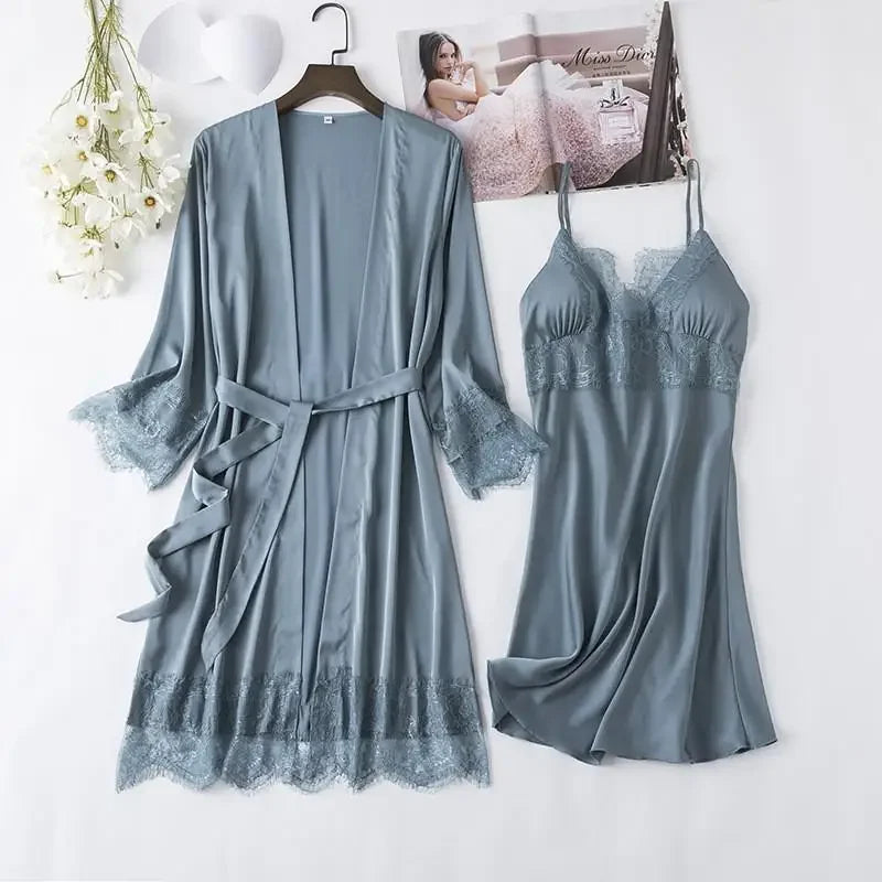 Conjunto de pijama de seda blanca para mujer, bata de boda de 5 piezas, camisón Sexy de encaje, ropa de dormir, Kimono, albornoz, lencería