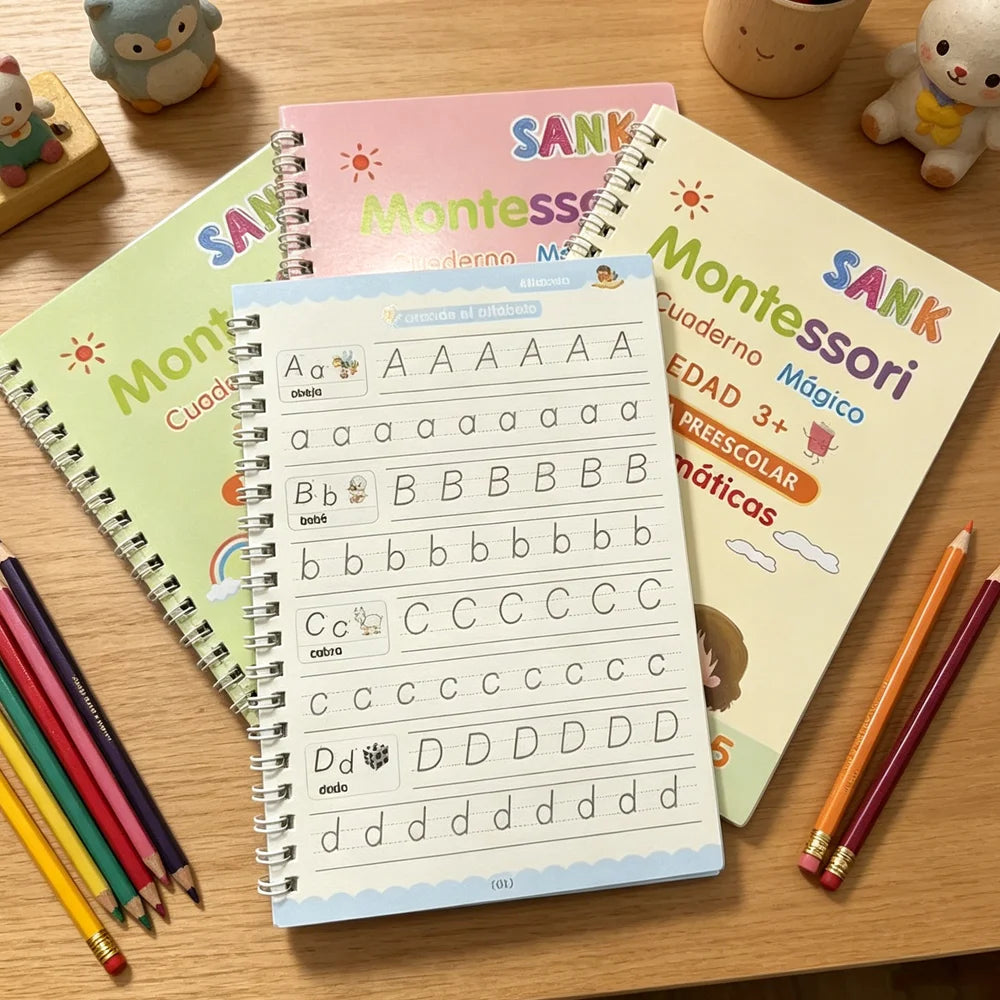 Juego de 4 Cuadernos de Práctica de Caligrafía Mágica Montessori en Español, Reutilizables, para Trazar el Alfabeto, Números, Matemáticas y Dibujo
