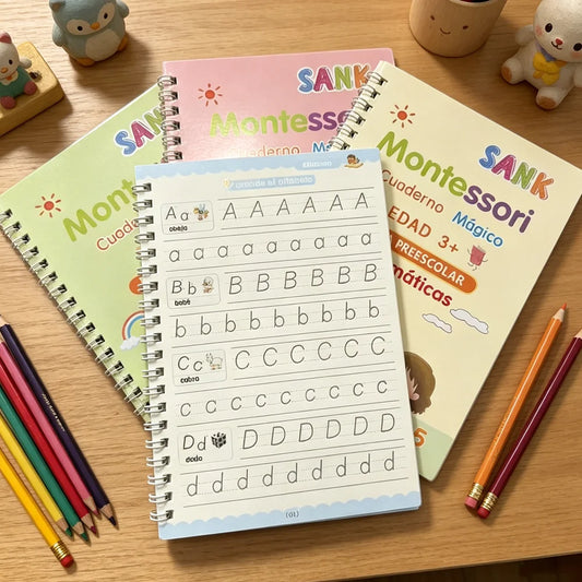 Juego de 4 Cuadernos de Práctica de Caligrafía Mágica Montessori en Español, Reutilizables, para Trazar el Alfabeto, Números, Matemáticas y Dibujo