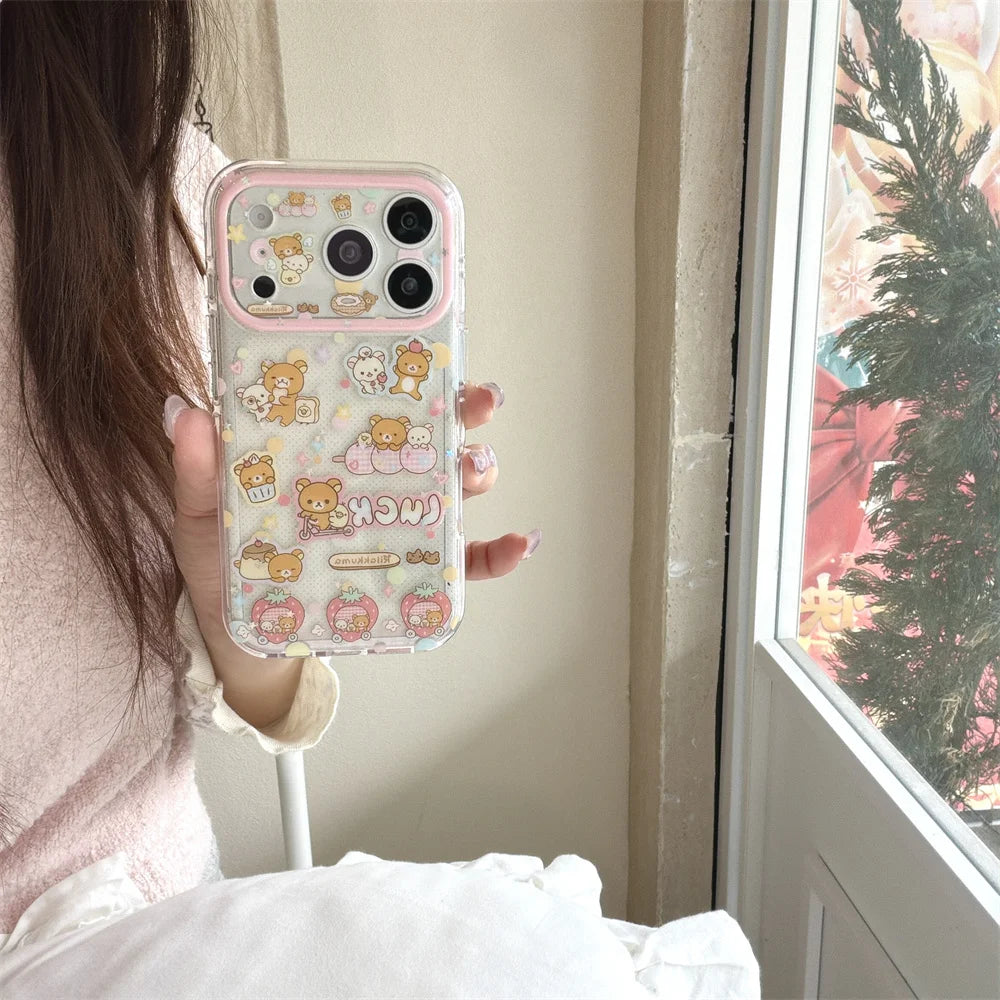 Funda de Teléfono con Diseño de Rilakkuma y Fresas para iPhone 17 Pro, 16 Pro Max, 15 Pro, con Cadena, Fundas Kawaii de Dibujos Animados, Antigolpes