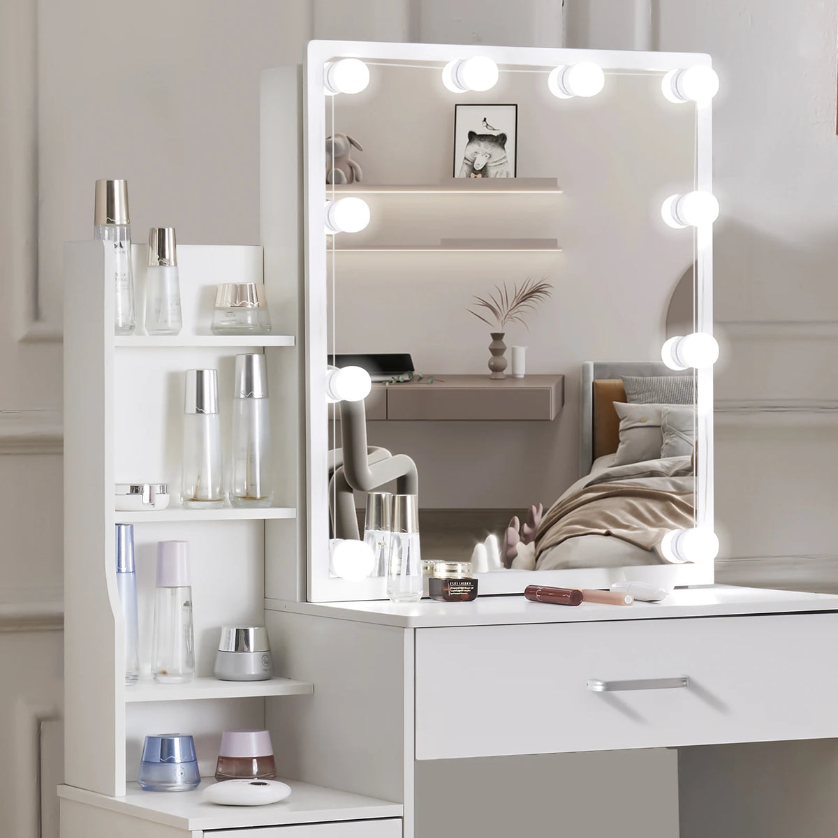 Mesa de tocador LED con espejo deslizante, escritorio de maquillaje blanco, taburete de 4 cajones, tocador para mujer, muebles glam
