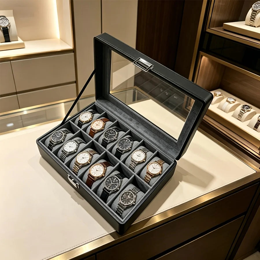 Estuche de Cuero para 12 Relojes para Hombre con Cerradura, Organizador de Relojes de Lujo + 3 Cajas Transparentes para Guardar Pulseras, Juego de 4 Piezas