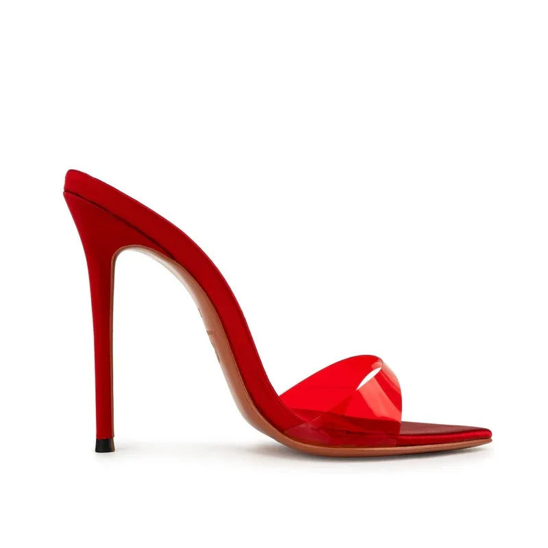 Nuevas sandalias de verano para mujer, multicolor, de PVC, con una sola correa, tacón alto, punta en pico, estilo sexy, fáciles de poner.