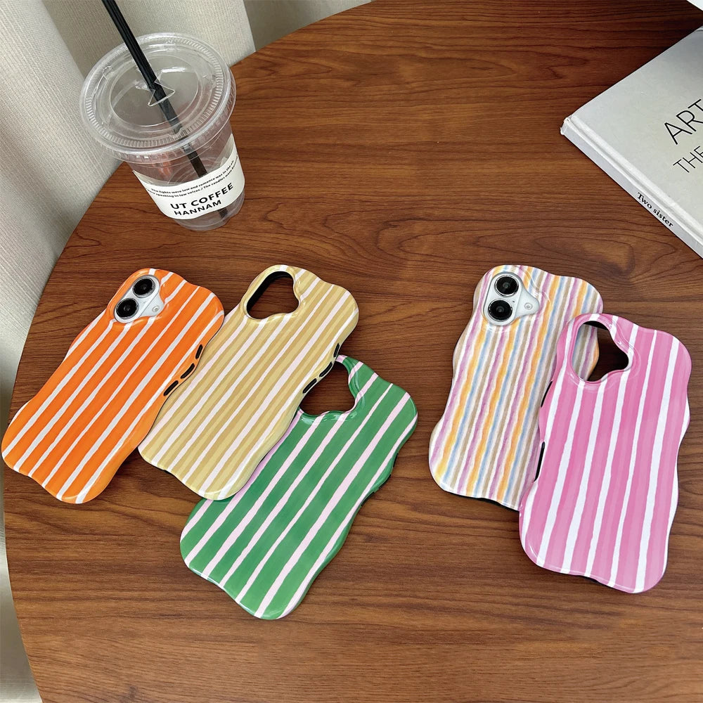 Funda de teléfono de rayas brillantes 2 en 1 a la moda para iPhone 13, 14, 15 16 Pro Max, bordes ondulados, tacto cómodo, carcasa trasera dura y delgada
