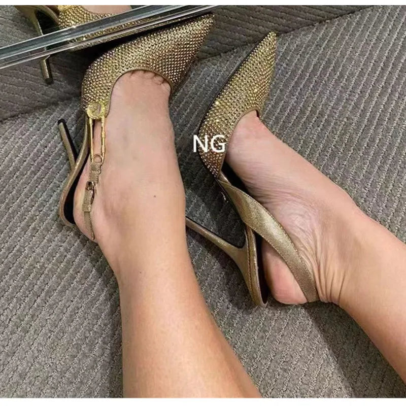 Zapatos de tacón de lujo con hebilla de lentejuelas y diamantes de imitación para mujer, zapatos de tacón alto de aguja con punta estrecha, zapatos de moda para primavera y verano
