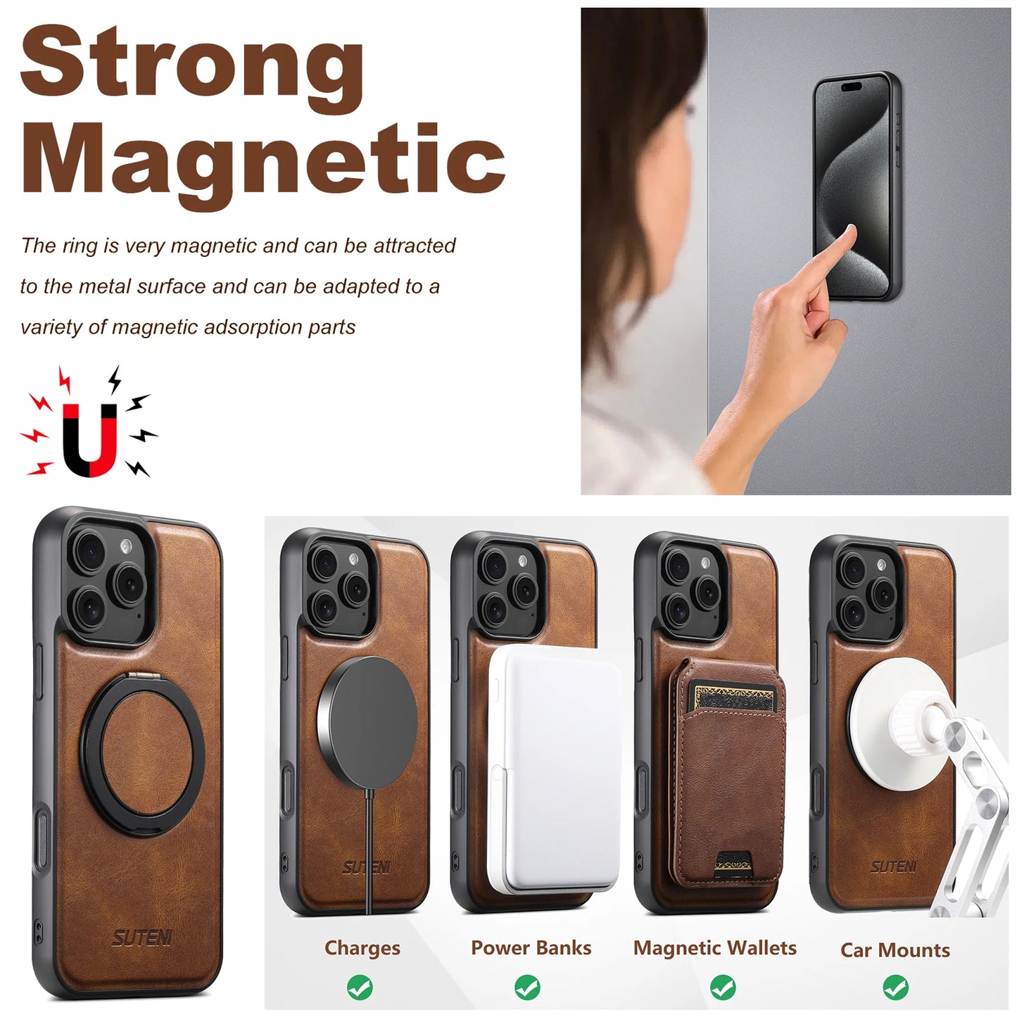 Carga inalámbrica MagSafe compatible con magnético fuerte 360 °   Funda de teléfono de cuero PU con soporte de anillo giratorio para iPhone 17 16 15 14 13 12