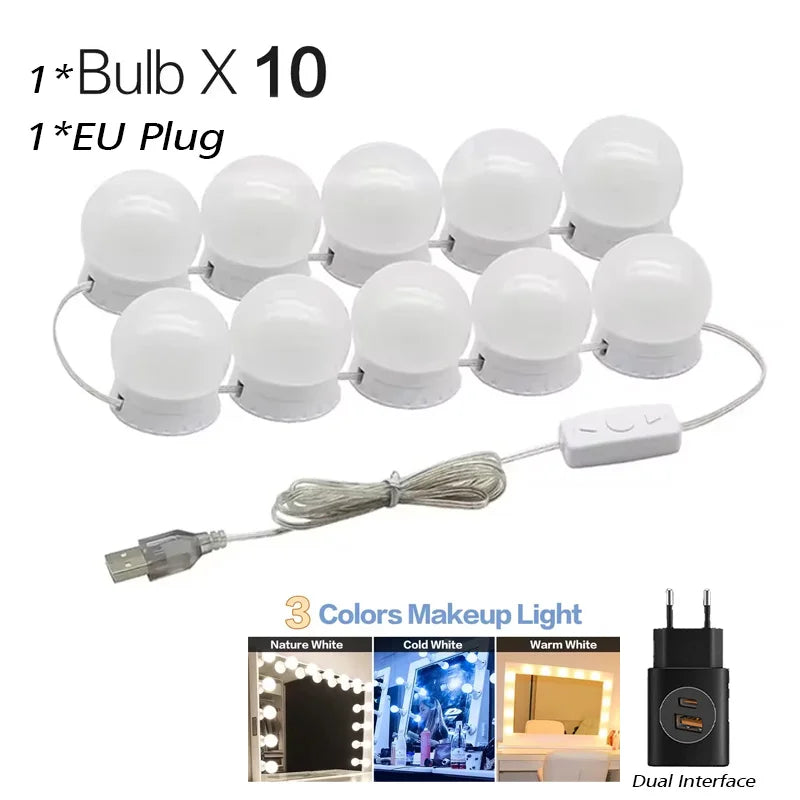 10 bombillas LED desmontables, lámpara para espejo de maquillaje profesional, alimentación USB, luz para espejo cosmético, tocador de Hollywood, luces de tocador