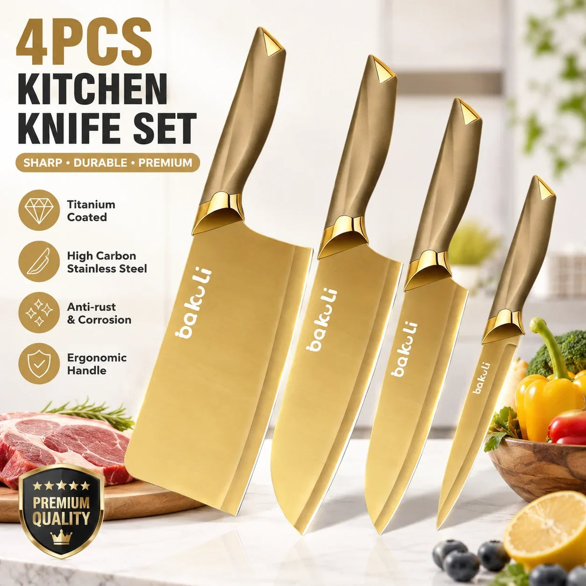 Juego de Cuchillos de Cocina Dorados de 4 Piezas, Hojas con Revestimiento de Titanio Antiadherente, Mango Ergonómico, Cuchillo de Chef, Cuchillo Multiusos, Cuchillos para Frutas para el Hogar