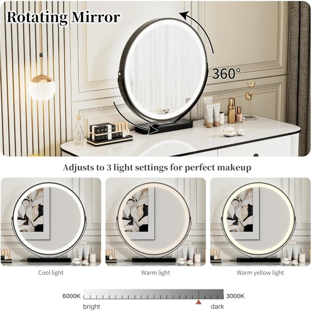 Pequeño tocador de maquillaje con espejo y luces LED |   Tocador moderno estriado con cajones y cabina lateral ajustable reversible