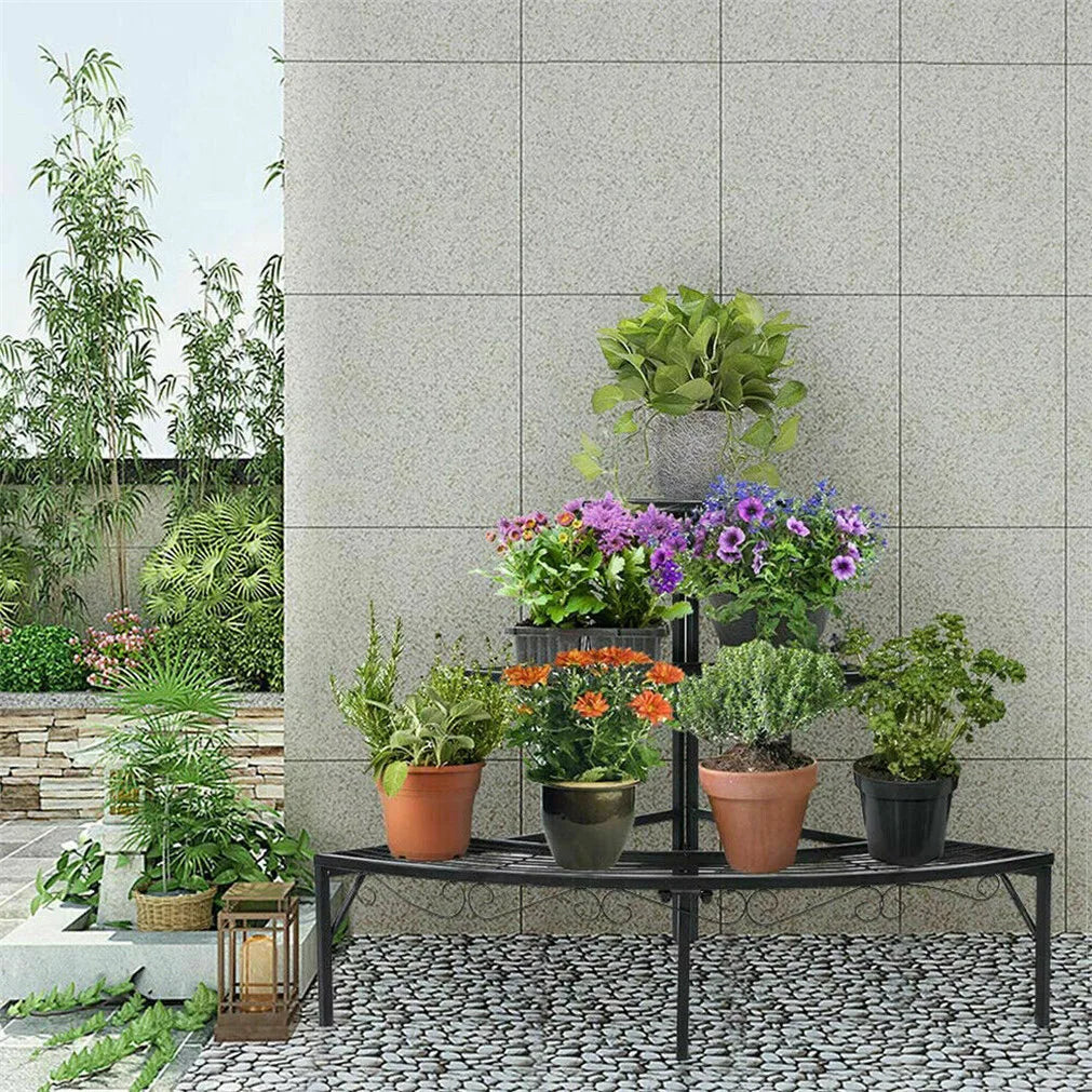 Soporte para plantas y macetas de interior y exterior, soporte de exhibición de estante esquinero para macetero redondo de 3 niveles de Metal para jardín