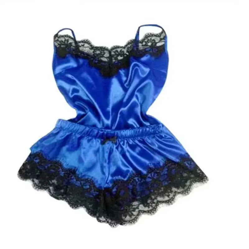 Conjunto de pijama de satén de encaje para mujer, ropa de dormir con cuello en V, lencería Sexy elástica, chaleco con tirantes, Top, pijama, pantalones cortos para dormir, conjunto de ropa de dormir