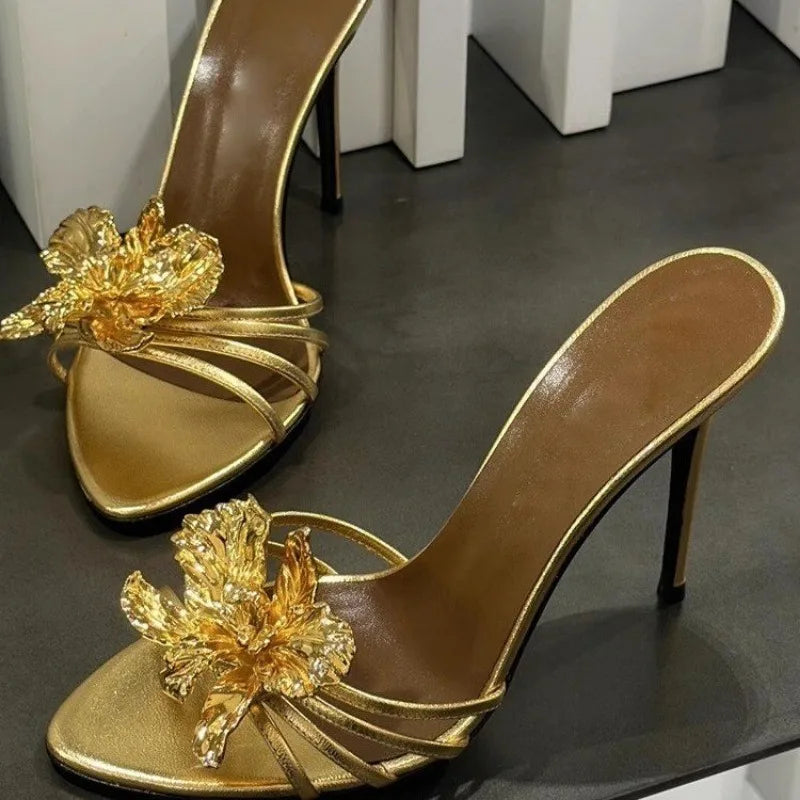 Sandalias de tacón alto para mujer, zapatillas antideslizantes con cabeza puntiaguda, boca poco profunda, conjunto de flores de cristal