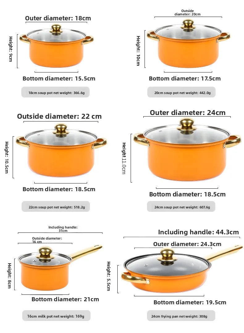 Juego de Ollas de Acero Inoxidable de 12 Piezas, Olla para Sopa, Sartén Antiadherente, Olla para Leche con Asa Dorada