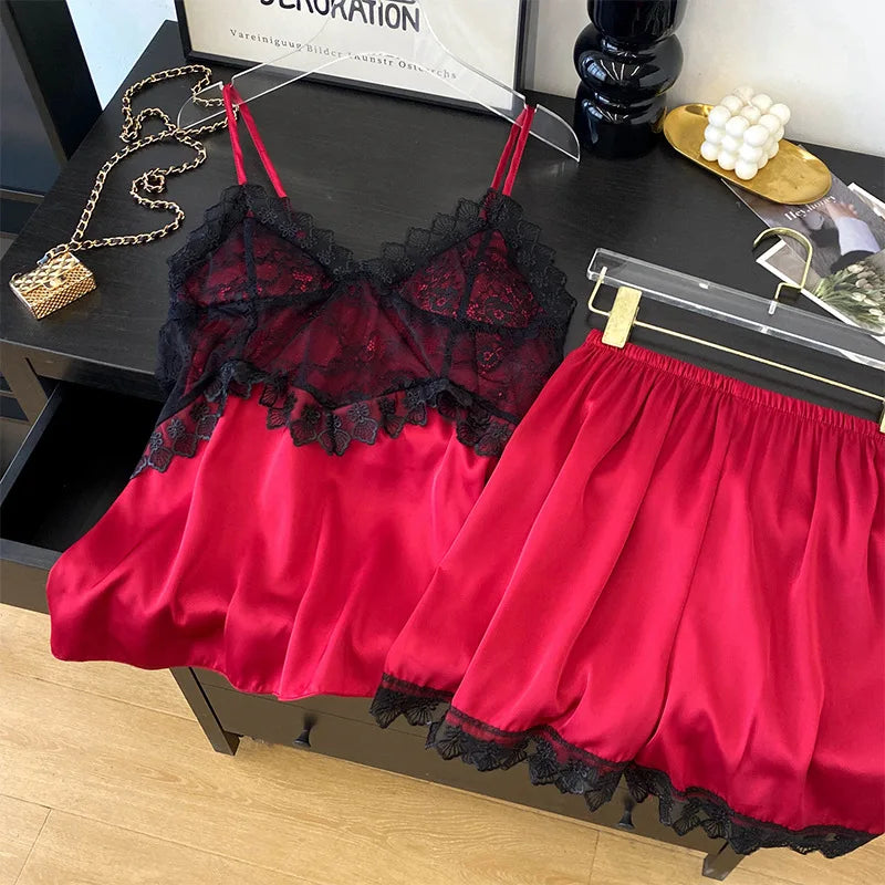 Conjunto de pijamas con tirantes para mujer, ropa de salón, lencería íntima de encaje calado Sexy, ropa de dormir, novedad de verano, Top y pantalones cortos con tirantes, ropa de casa