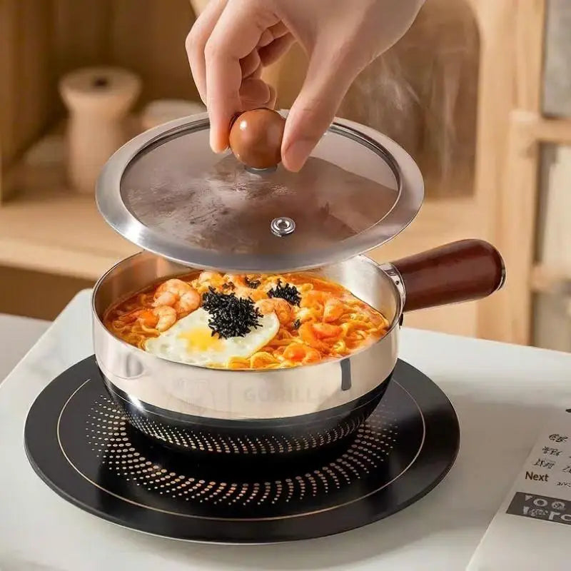 【A】Sartenes de cocina de acero inoxidable de 17 cm/14 cm con mango de madera y tapa de vidrio - Ollas pequeñas multiusos para fideos y huevos