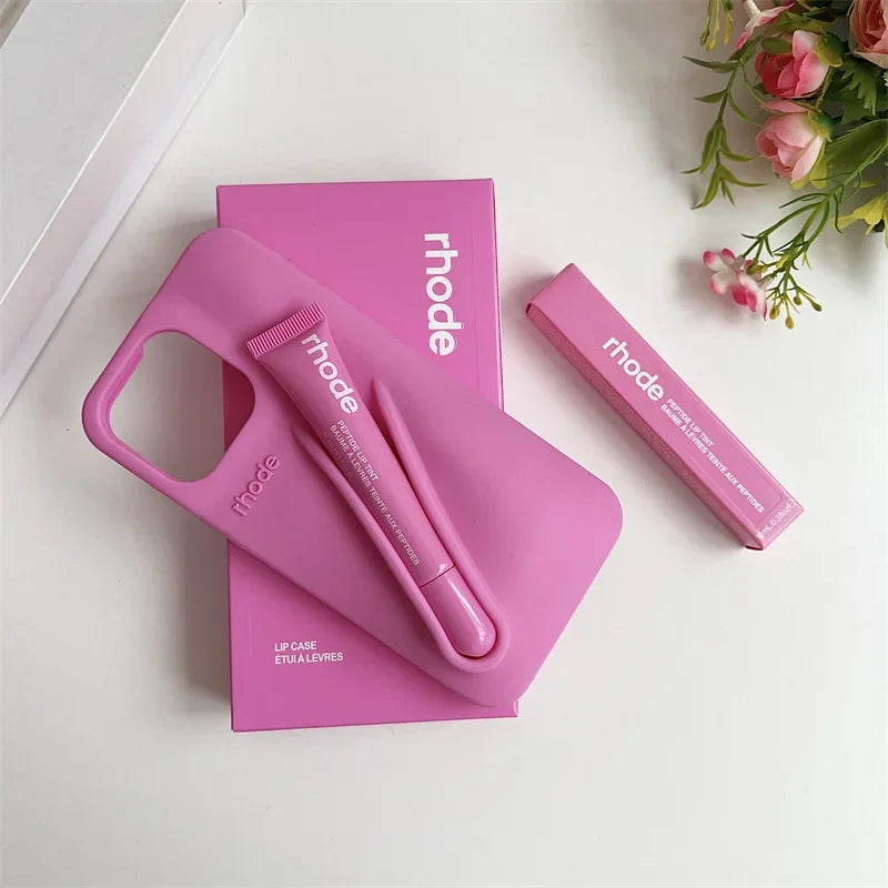 Maquillaje Rhode con caja, soporte para lápiz labial, funda de teléfono para IPhone17 Air 11 12 13 14 15 16 Pro Max Plus, funda suave de silicona para brillo de labios