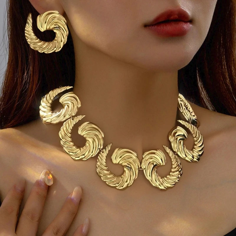 3 unid/set de pendientes redondos grandes, conjunto de Collar para mujer, cadenas de cuerda de PU exageradas, Collar con colgante geométrico de Metal, joyería