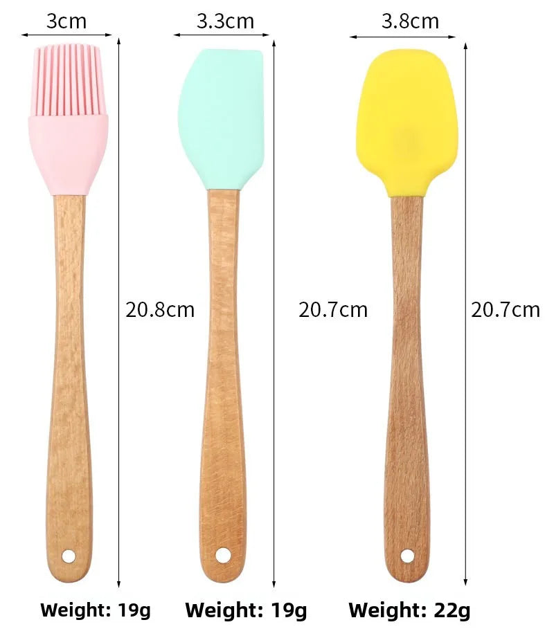 Juego de utensilios de cocina de silicona con mango de madera, 5 uds., raspador, cepillo, cuchara, herramientas para hornear para niños