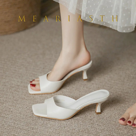 2025 nuevo verano cabeza cuadrada punta abierta zapatillas de tacón alto para mujer zapatos de fiesta de cuero pu serie Sandalias de tacón fino zapatillas de mujer