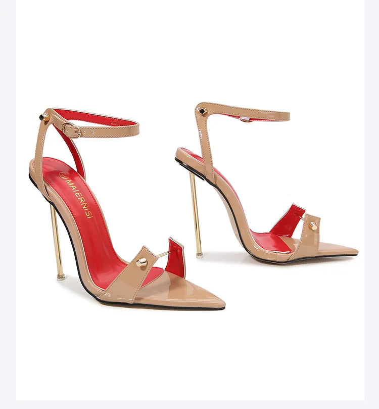 Sandalias de tacón alto con punta estrecha y decoración de Metal para mujer, zapatos de tacón súper alto con correa y hebilla de PU, zapatos de tacón para actuación en escenario de 12cm