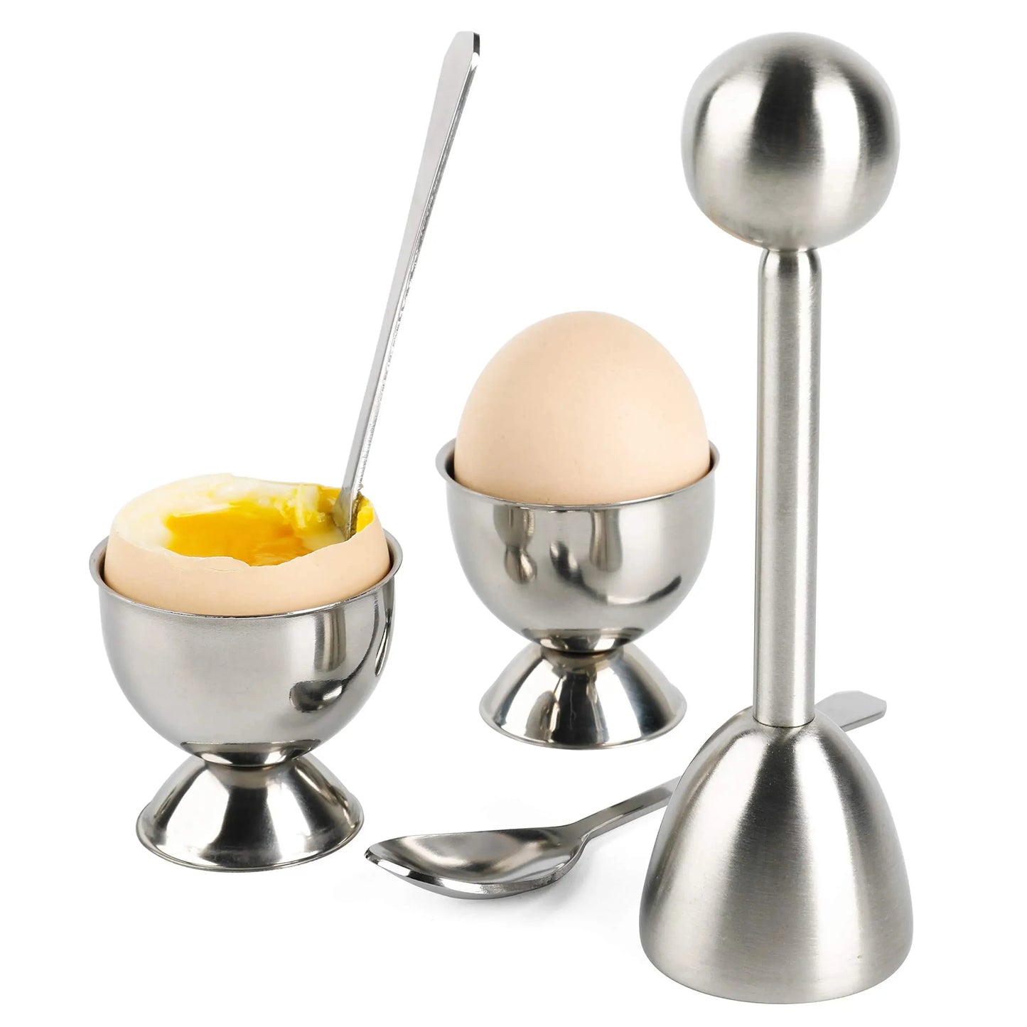 Abridor de huevos creativo, abridor de cáscara de huevo con bandeja para huevos y cucharas, herramienta de desayuno con apertura de acero inoxidable, accesorios de cocina
