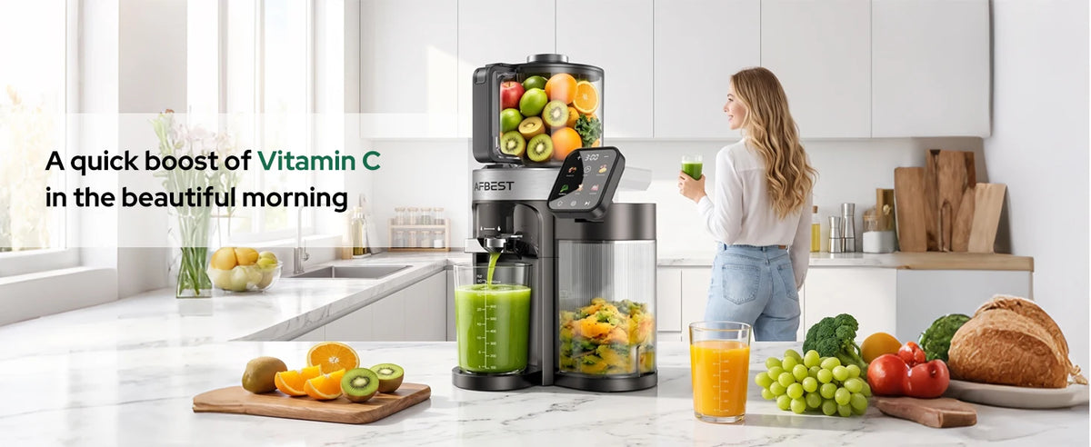 Exprimidor de prensado en frío mejorado 2026 – Boca extra ancha de 6.5 pulgadas, Tolva de alimentación automática de 100 oz, Exprimidor lento inteligente 3 en 1 con pantalla táctil para sorbetes y leche de frutos secos,