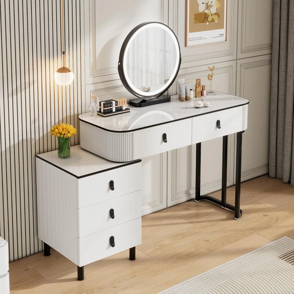 Pequeño tocador de maquillaje con espejo y luces LED |   Tocador moderno estriado con cajones y cabina lateral ajustable reversible