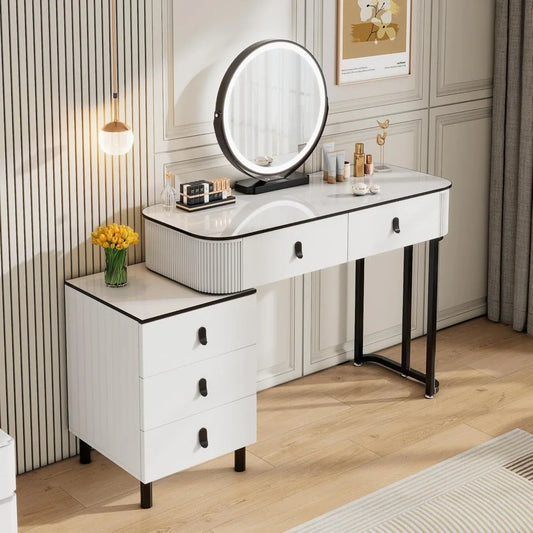 Pequeño tocador de maquillaje con espejo y luces LED |   Tocador moderno estriado con cajones y cabina lateral ajustable reversible