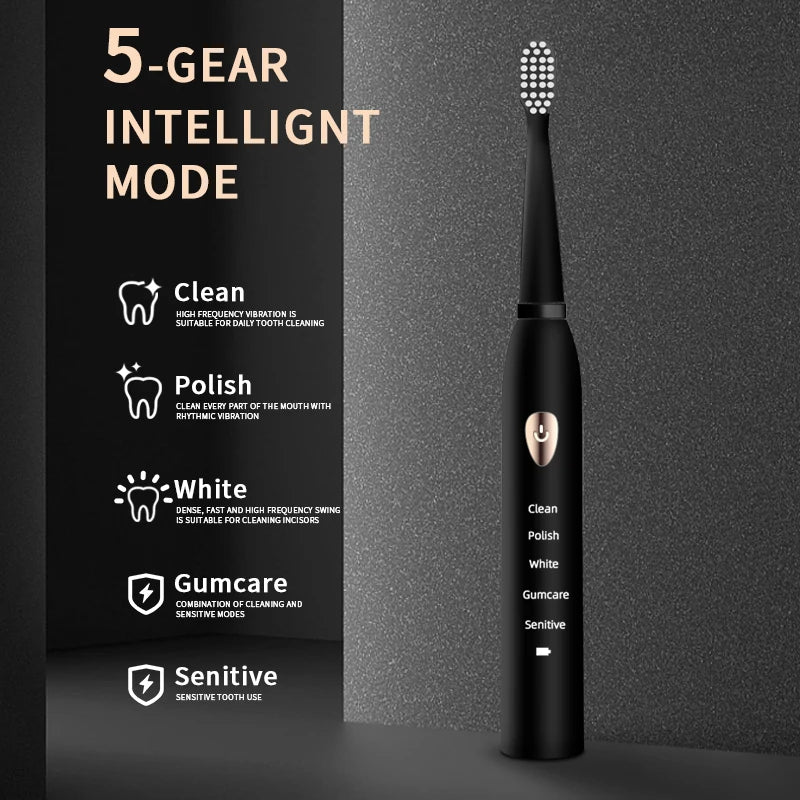 Jianpai-cepillo de dientes eléctrico para adulto, dispositivo acústico clásico, color blanco y negro, modo de 5 engranajes, carga USB, resistente al agua IPX7