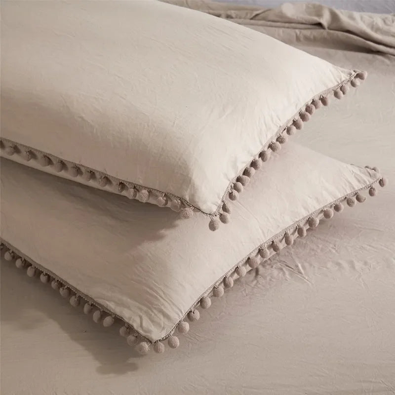 Funda de edredón suave y lavada, Juego de 3 piezas, funda de almohada, juego de ropa de cama para Twin, Full, Queen, King Size, decoración de pompones