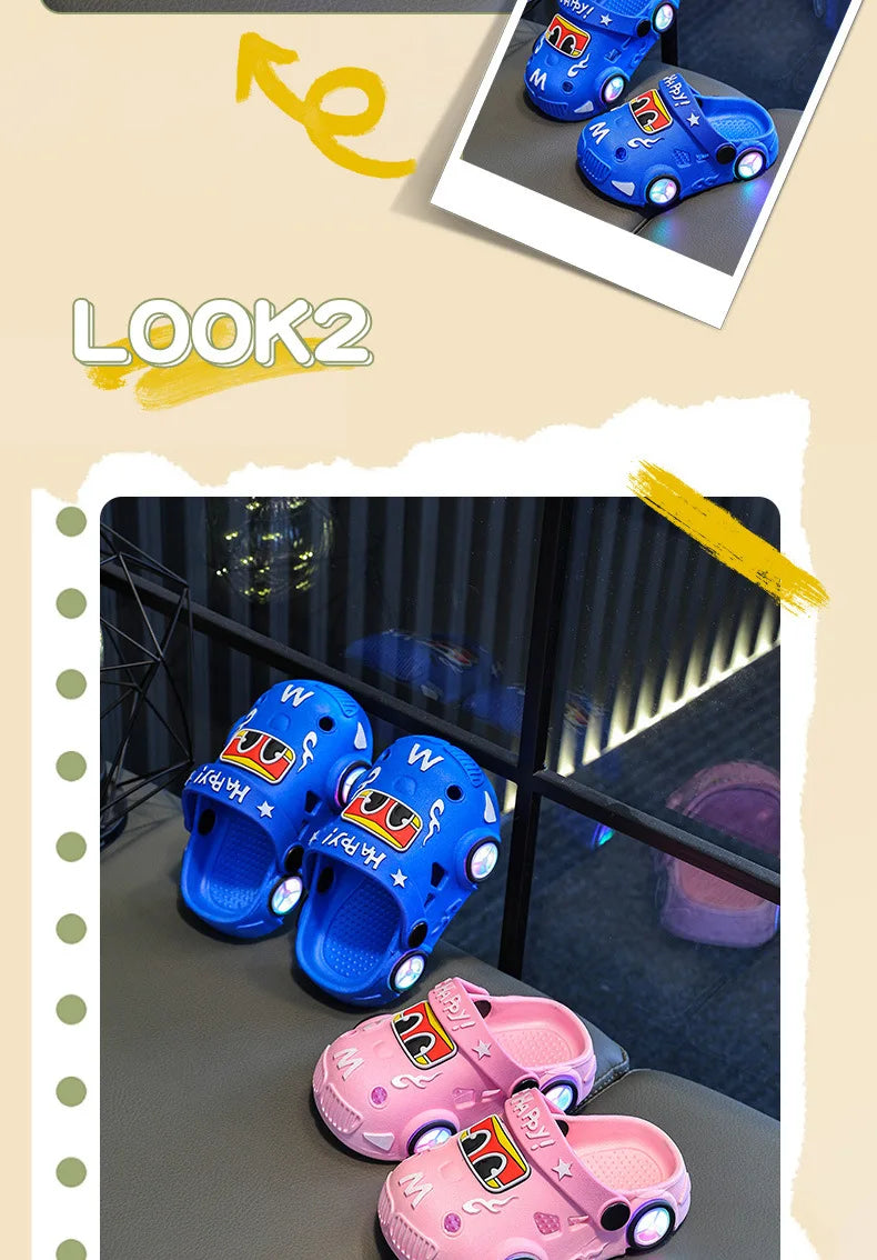 Pantuflas Infantiles Verano 2026, Nuevas Pantuflas de Playa para Niños con Forma de Auto, con Ruedas que se Iluminan, Antideslizantes y con Suela Suave