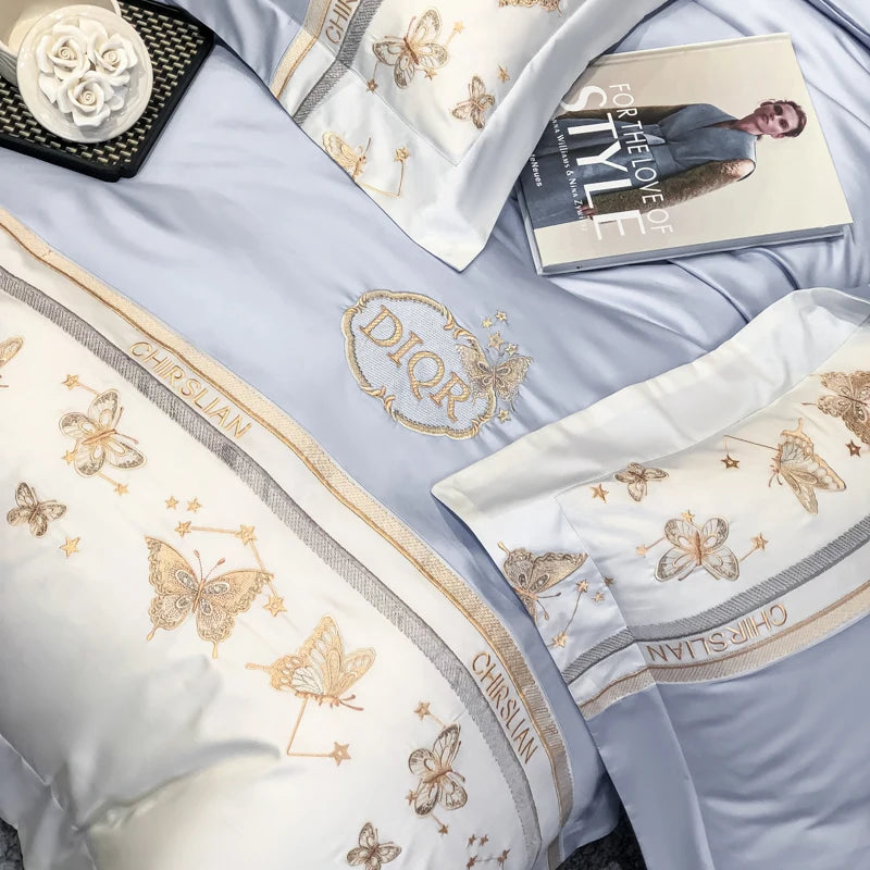Juego de cama 100% de algodón, edredón bordado de mariposa dorada de lujo/funda nórdica, juegos de sábanas ajustadas, fundas de almohada, textiles para el hogar