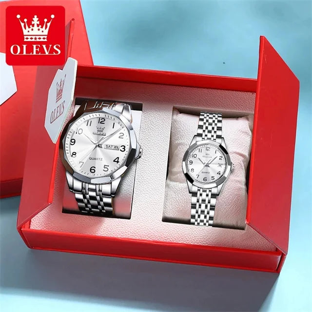 OLEVS 9970 reloj de lujo para parejas, reloj de pulsera con calendario resistente al agua de acero inoxidable para hombres y mujeres, reloj para amantes del espejo con rombos y esfera Digital
