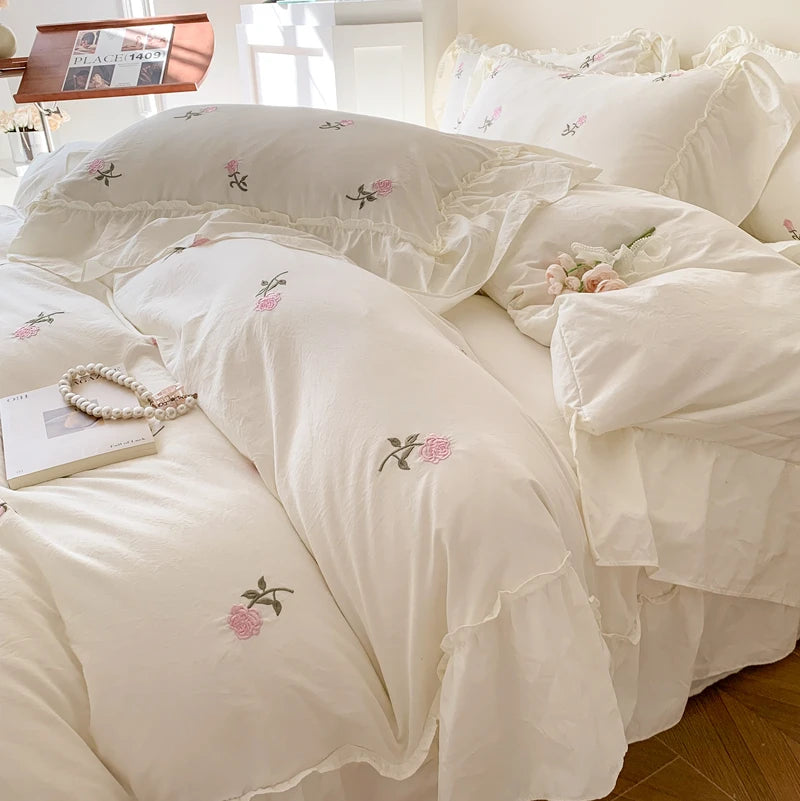 Juego de funda nórdica bordada con rosas de 3 piezas (1 funda nórdica + 2 fundas de almohada, sin núcleo), juego de cama de encaje estilo princesa