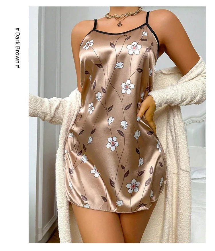 Camisón Sexy con tirantes para mujer, lencería Sexy de satén de seda, ropa de dormir con pintura Floral, minivestido para el hogar